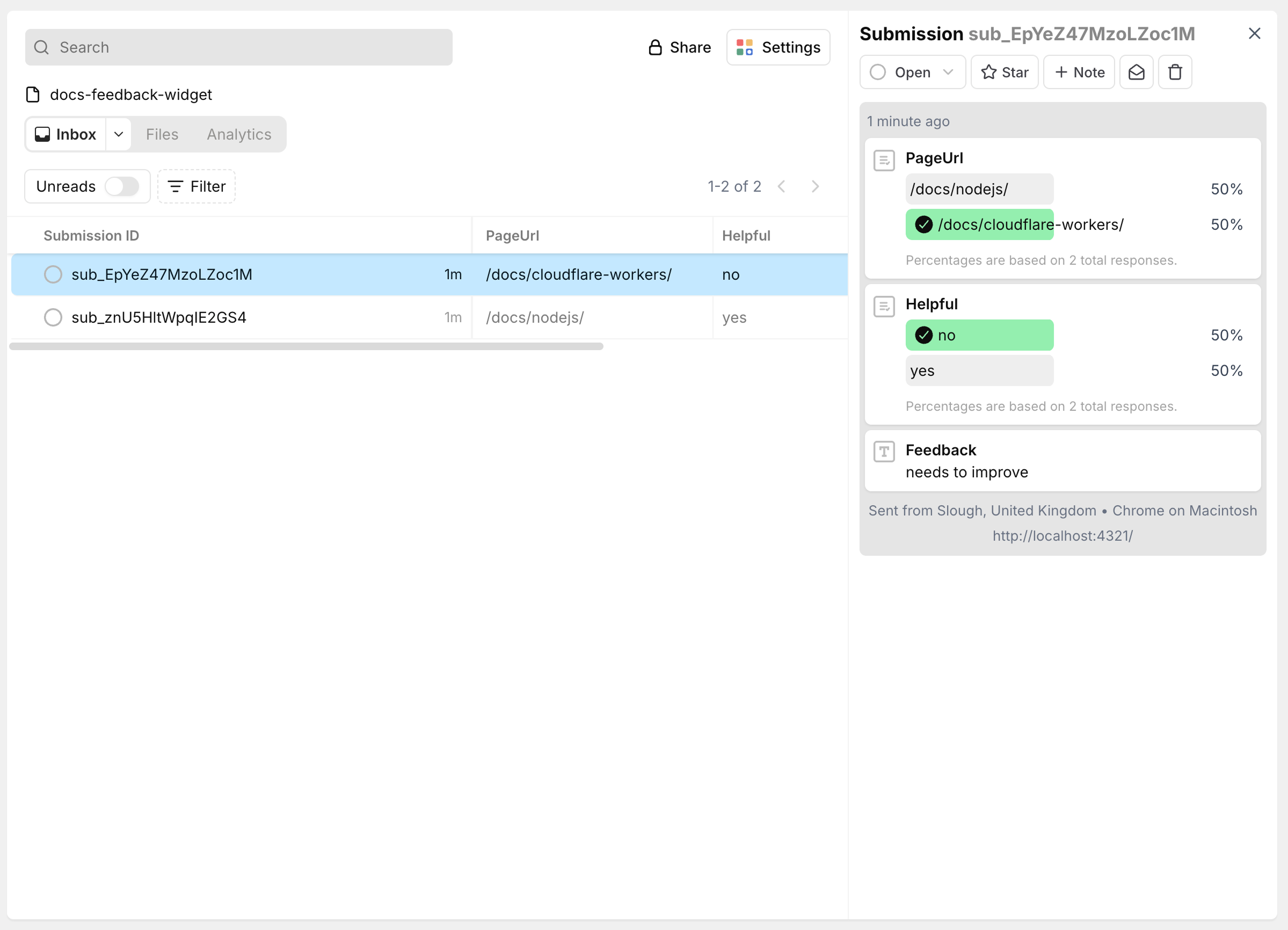 Feedback widget submissions in Forminit dashboard