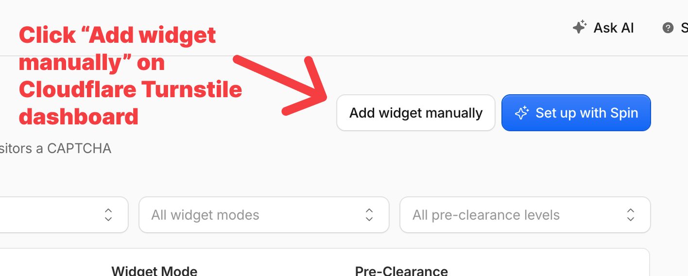 Add widget manually button on the Cloudflare Turnstile dashboard