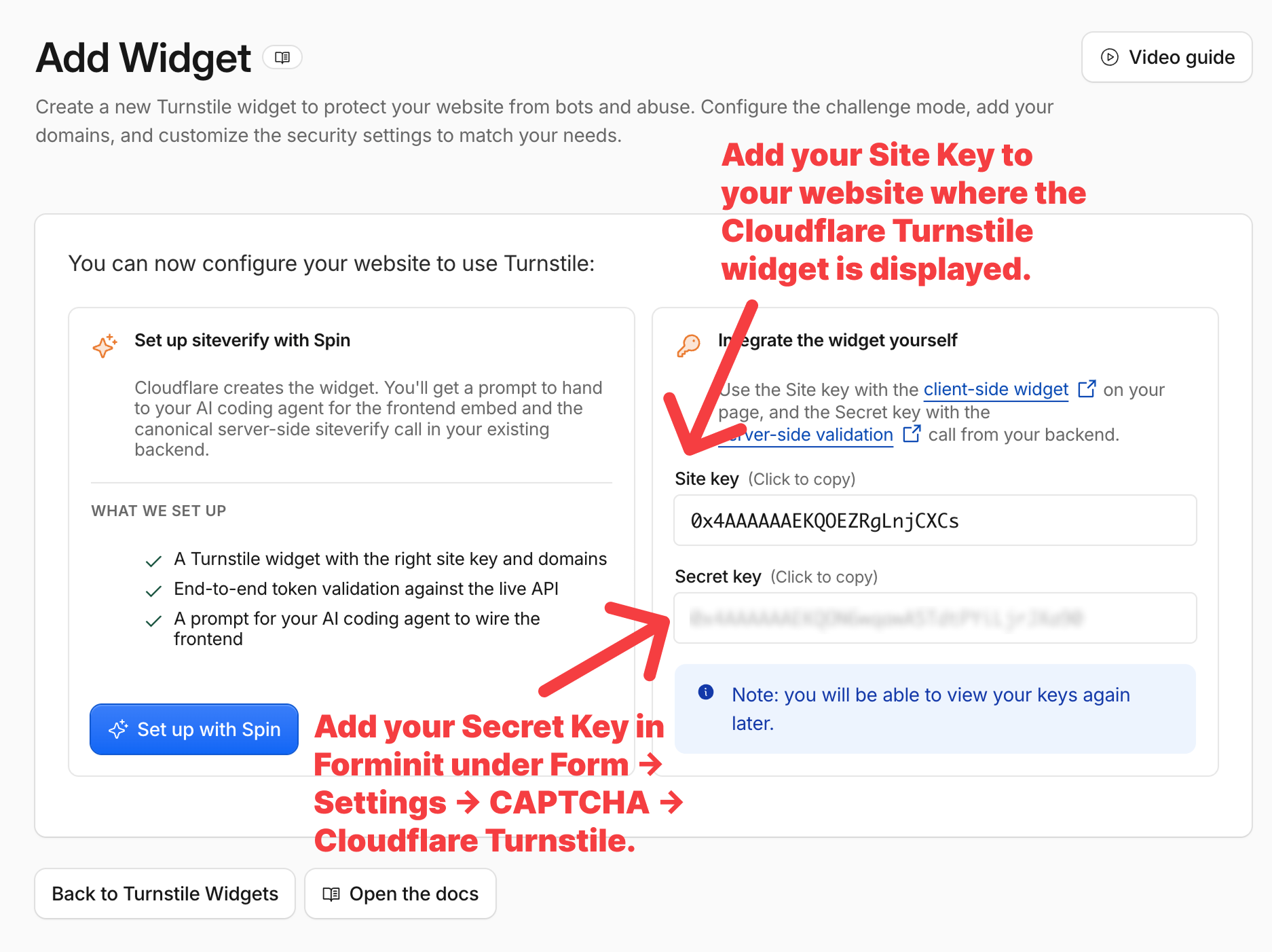Site Key and Secret Key on the Cloudflare Add Widget page