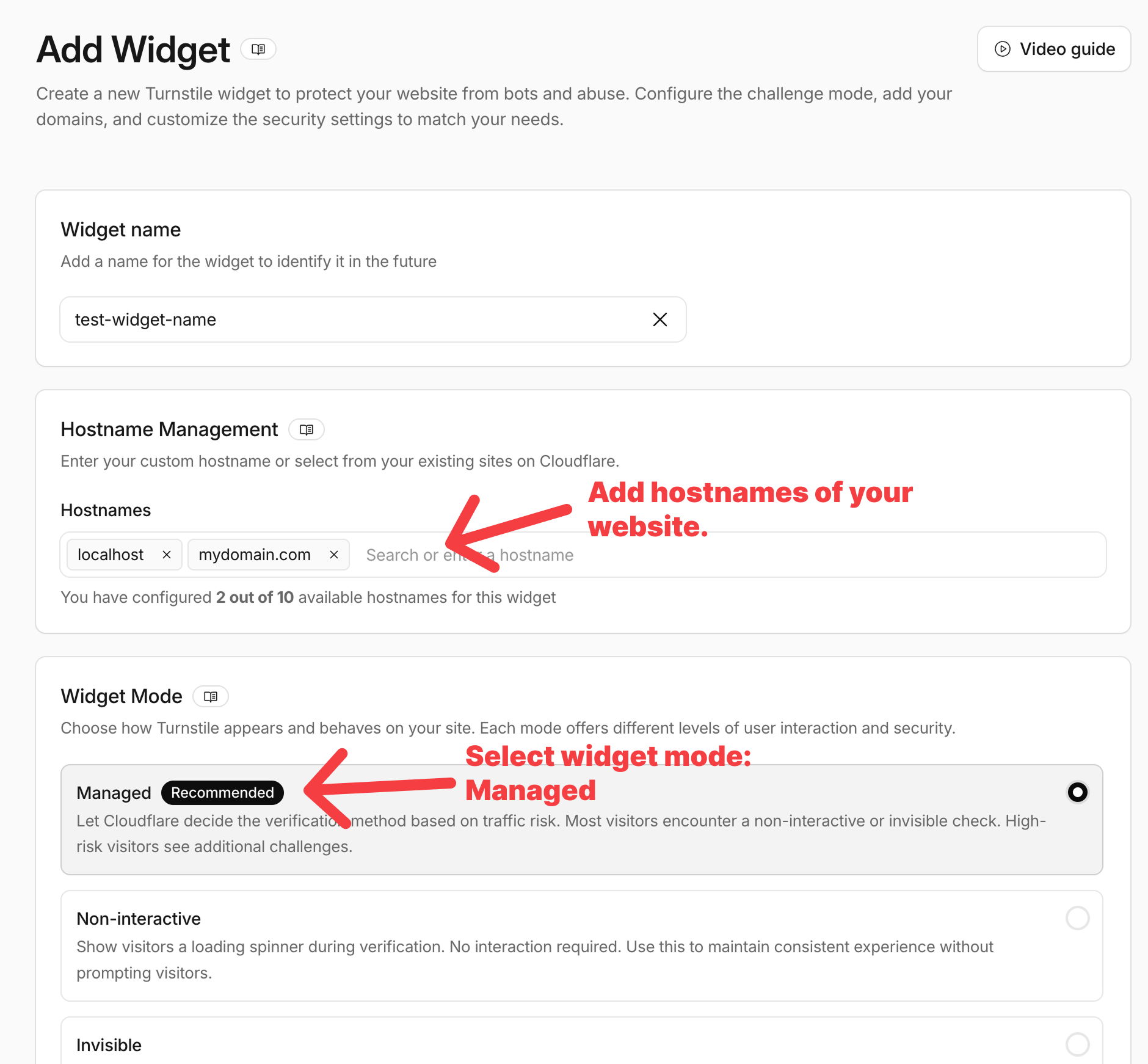 Widget name, hostname management, and widget mode settings