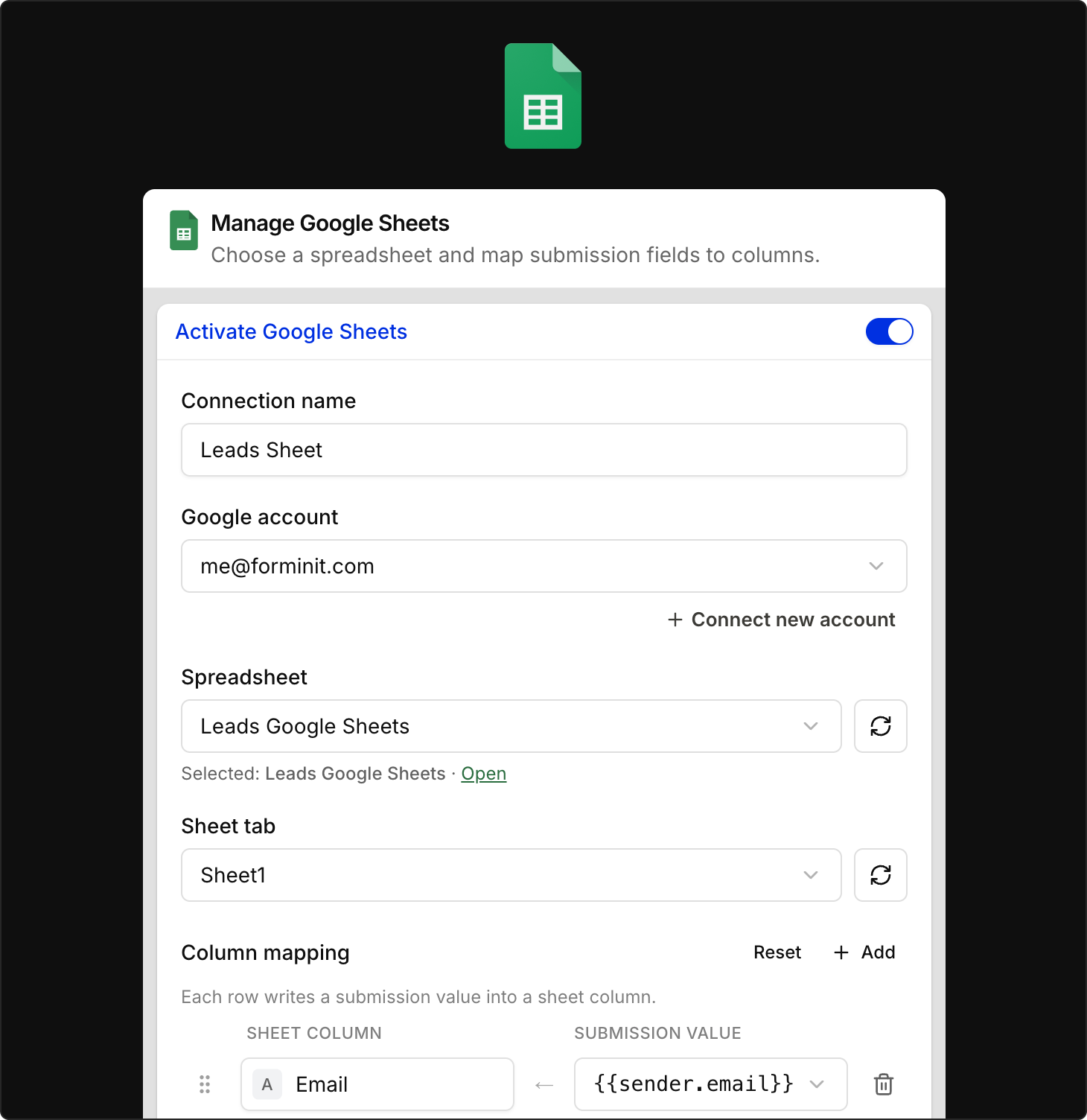 Manage Google Sheets panel in Forminit