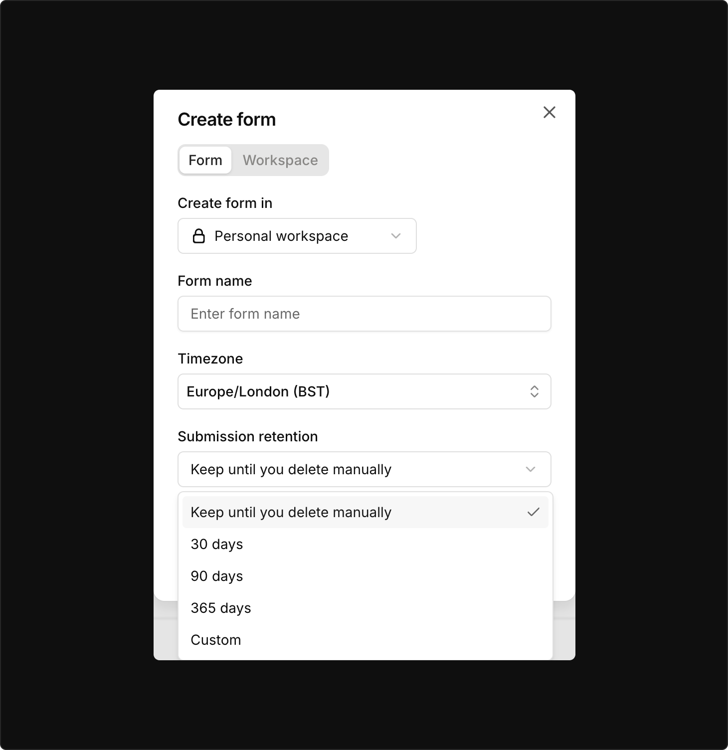 Submission retention options in the Forminit Create form dialog