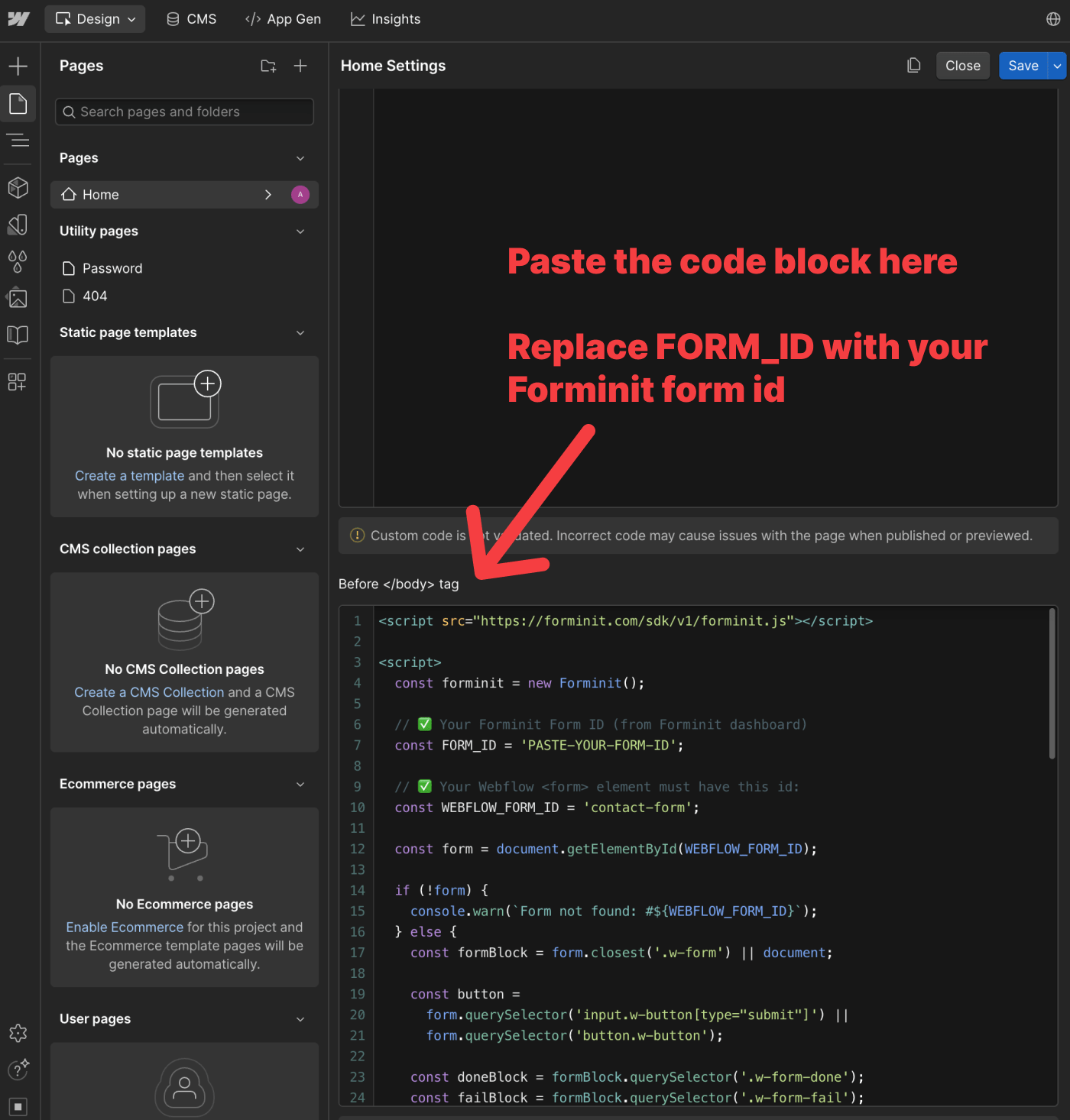 Add script before closing body tag